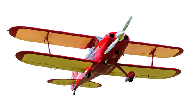 Red and yellow biplane PNG isolated on transparent background, vintage aircraft for aviation and transportation themes