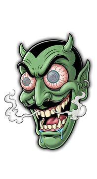 Set of evil monster head mascots, scary goblin faces with sharp teeth and glowing eyes, spooky creature vector illustration for gaming logos and Halloween stickers.