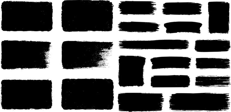 Grunge Brush Stroke Rectangle Set. Black Distressed Highlight Frames and Text Box Background Elements.