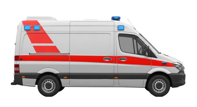 Modern ambulance car PNG isolated on transparent background, emergency vehicle with red stripes for medical assistance and healthcare