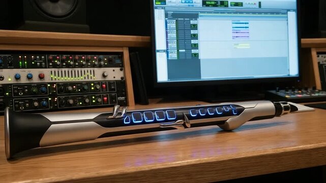 modern electronic wind controller placed on desk in digital music studio orbit video