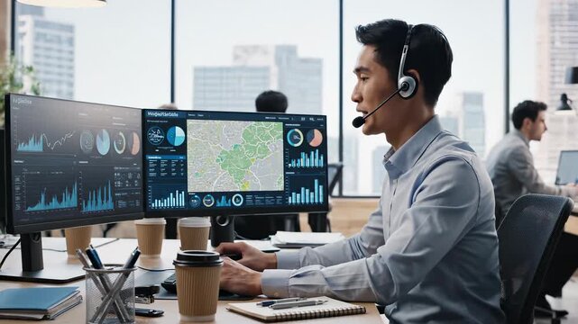 Focused business professional using headset in modern office. Data analyst reviews reports on dual monitors. Busy workspace creates productive atmosphere. Team collaboration enhances efficiency and