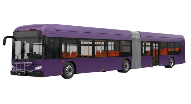 Purple articulated city bus PNG isolated on transparent background, public transportation vehicle for urban transit and passenger transport