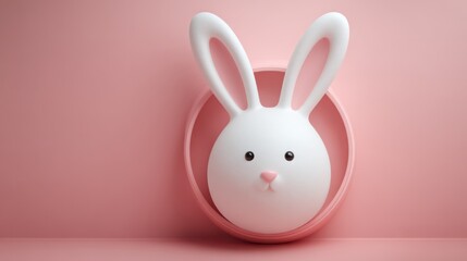 Cute Bunny Face in Round Frame on Soft Pink Background