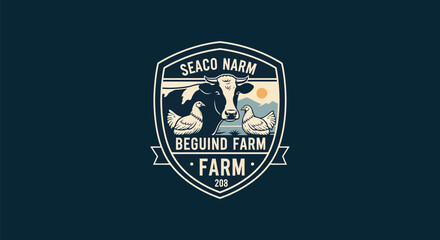 Obraz premium Vintage Farm Logo with Holstein Cow and Mountain Landscape.