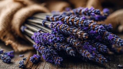 Fresh Lavender Flowers Bundled on Rustic Wooden Surface