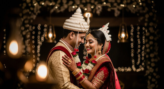 Elegant Bengali Wedding Couple Portrait Celebrating Wedding Ceremony