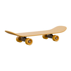Low-angle, side-perspective 3D render of a tan skateboard with orange wheels. Centered on a transparent for street sports and urban lifestyle design mockups. © pikopixel