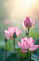 Obraz premium Delicate pink lotus flowers bloom gently with soft light filtering through leaves. Buds prepare to open in calm water pond setting. Nature beauty fresh aquatic plants.