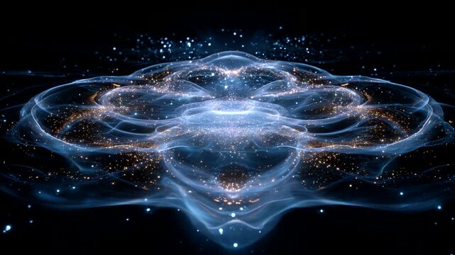 Abstract cosmic energy field with glowing particles in space.