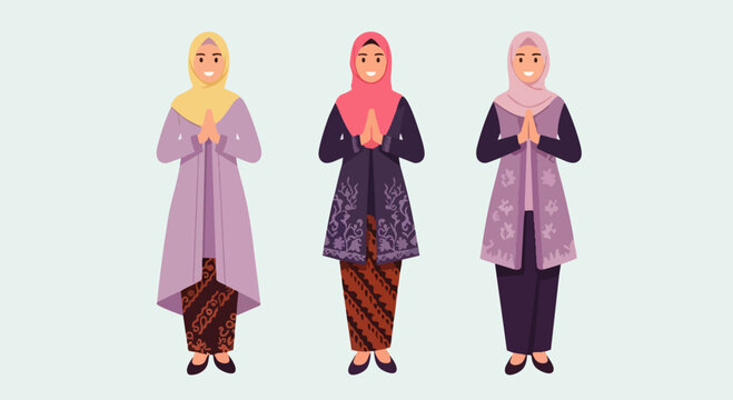Flat vector illustration depicts a Portrait of an Asian (Indonesian) Muslim woman wearing traditional Islamic clothing and wearing a hijab while giving Eid al-Fitr greetings.