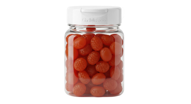 Red multivitamin gummies in clear bottle isolated PNG, healthy gummy vitamins for kids and adults on transparent background