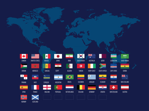 Football. 2026. Flags of the participating teams with flags