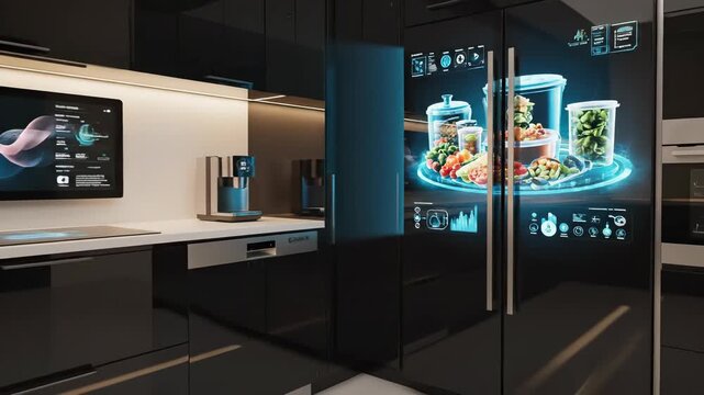 Futuristic smart kitchen with interactive technology. High-tech appliances showcase innovative features for modern cooking. Smart fridge displays food management and nutrition data. Sophisticated