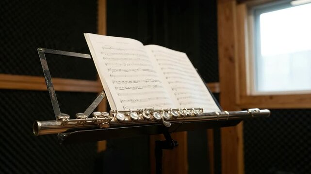 piccolo flute resting on black music stand inside quiet practice room