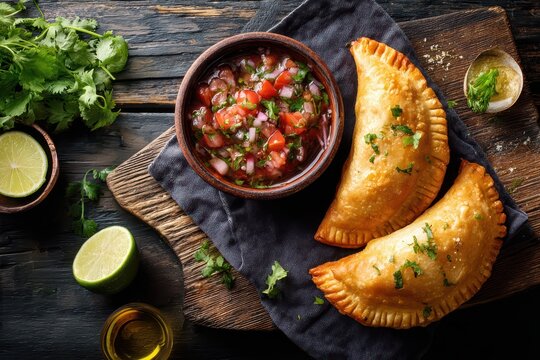Overhead photograph of pebre dip and golden empanadas on a dark wood table, bright natural light and bold red-green colors