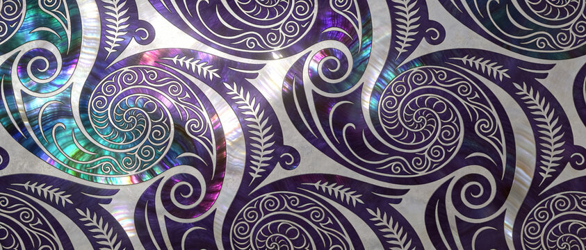 Maori Polynesian koru spiral swirls abstract background in paua shell tones. Iridescent New Zealand traditional motif. 