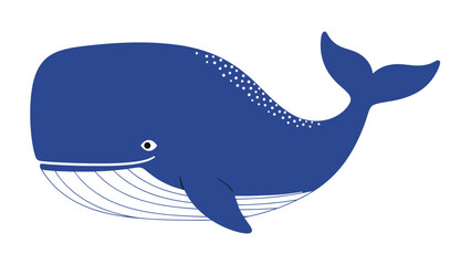 Fototapeta premium Large blue whale illustration with white belly lines and small decorative white dots on a clean white background.