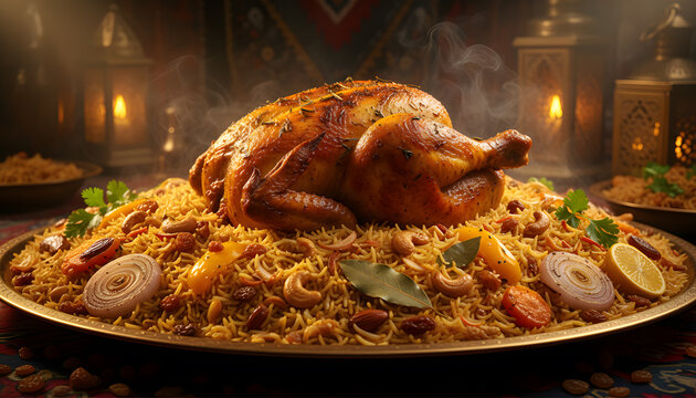 Saudi kabsa rice with roasted chicken, cinematic lighting