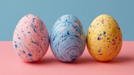 Colorful Easter Eggs with Unique Splatter Patterns on Pastel Background