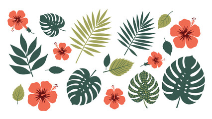 Collection of tropical leaves and hibiscus flowers in a flat design style includes monstera, palm fronds, and various exotic greenery. © Biz Flare