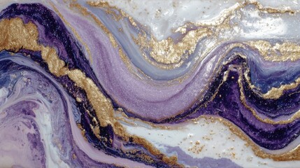 Abstract Purple and White Waves with Gold Accents in Fluid Art