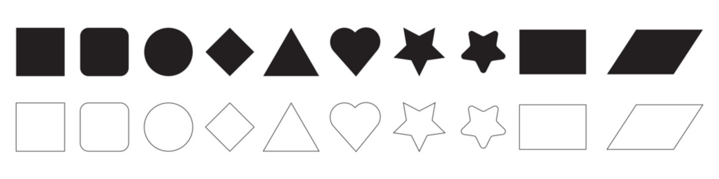 Geometric shapes icon set, basic filled and outline vector symbols for design, education, ui/ux, shapes, icons, vector