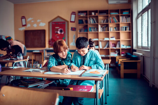 Two schoolboys collaborating on homework in classroom