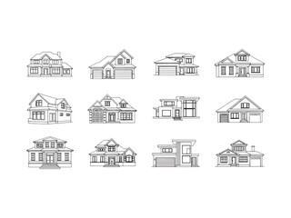 Hand drawn vector illustration set featuring a sketch of houses and architectural building elements including a modern home roof, window, and door icon for real estate property design