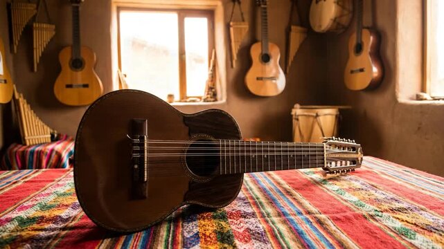 small charango resting on woven textile inside andean folk music room video