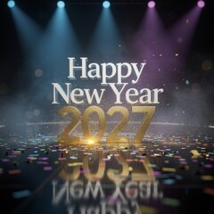 Happy new year 2027 celebration with sparkling lights and colorful confetti