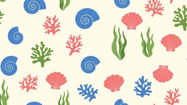 Underwater theme pattern includes blue spiral shells, pink scallops, green seaweed, and various coral pieces on a light sandy background.