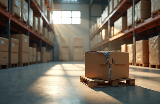 Damaged cardboard box sits on pallet inside warehouse. Rows of shelves hold many packages. Sunlight streams through window creating shadows on floor. Goods awaiting shipment.