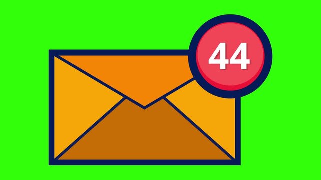 A flat design animation featuring an orange envelope icon with a red notification badge showing a rising message counter, email counter up to 100 animation on green screen