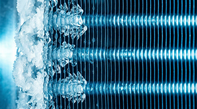 Blue aluminum air conditioner evaporator coils with frost and droplets  