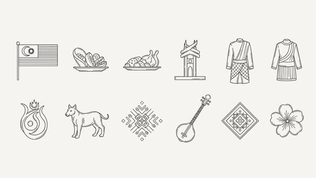 Collection of Malaysian cultural icons and symbols in a clean line art style