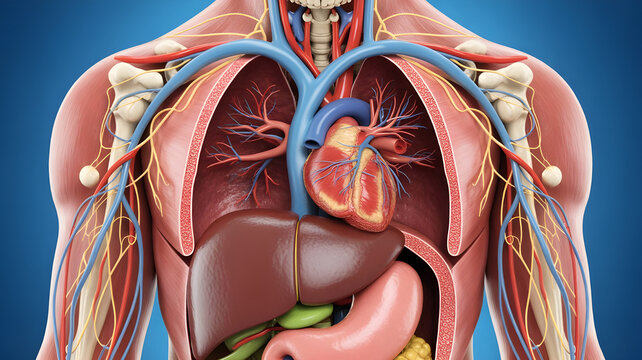 Hyper-detailed anatomical illustration showing all internal human body parts including brain, cerebrum, cerebellum, brainstem, spinal cord, nerves, hypothalamus, pituitary gland, medulla oblongata