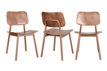 Obraz premium Three-quarter, back, and front views of a modern, ergonomic brown wooden chair with tapered metal legs on a transparent background. Perfect for furniture catalogs and interior design mockups.