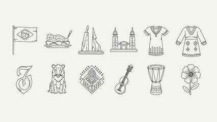 Fototapeta premium Collection of Brazilian cultural icons and symbols in a clean line art style
