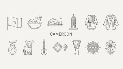 Fototapeta premium Cameroon cultural symbols and landmarks in a line art illustration