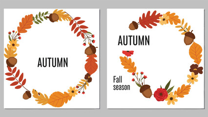 Two autumn wreaths made of oak leaves, rowan berries, acorns, and flowers are shown with the word Autumn in a central position. © Biz Flare