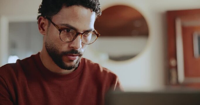 Creative, thinking and man with laptop, home or online for article, remote work and email marketing. Copywriting, freelancer and person with tech for ad campaign, reflection and reading with glasses