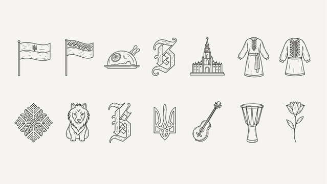 Collection of Ukrainian cultural symbols and national emblems in a minimalist line art style