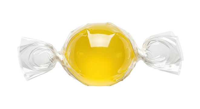 Yellow hard candy isolated PNG on transparent background, wrapped sweet treat for confectionery and dessert designs