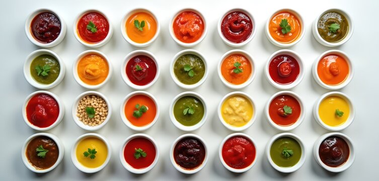 White bowls hold various colorful sauces and condiments. Different flavors like ketchup, salsa, pesto, and mustard are presented in neat rows. Food preparation, ingredients, and seasoning for meals.