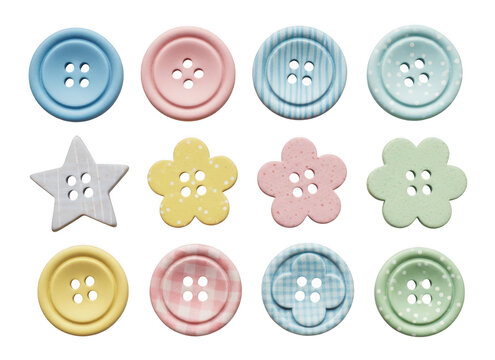 Collection of various pastel-colored cute buttons with different patterns and shapes