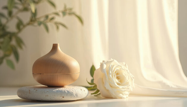 Minimalist aroma diffuser made of wood sits on stone. White rose and green leaves nearby create serene atmosphere. Soft light and shadow enhance tranquil home decor.