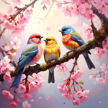 a pair of birds on a branch and blooming cherry blossoms