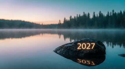 New year 2027 reflected on a peaceful lake with a large rock and trees