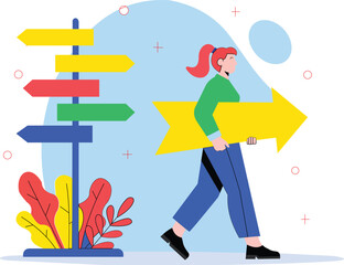 Woman Carrying Arrow Showing Direction and Choice, Career Path Decision Flat Vector Illustration © md